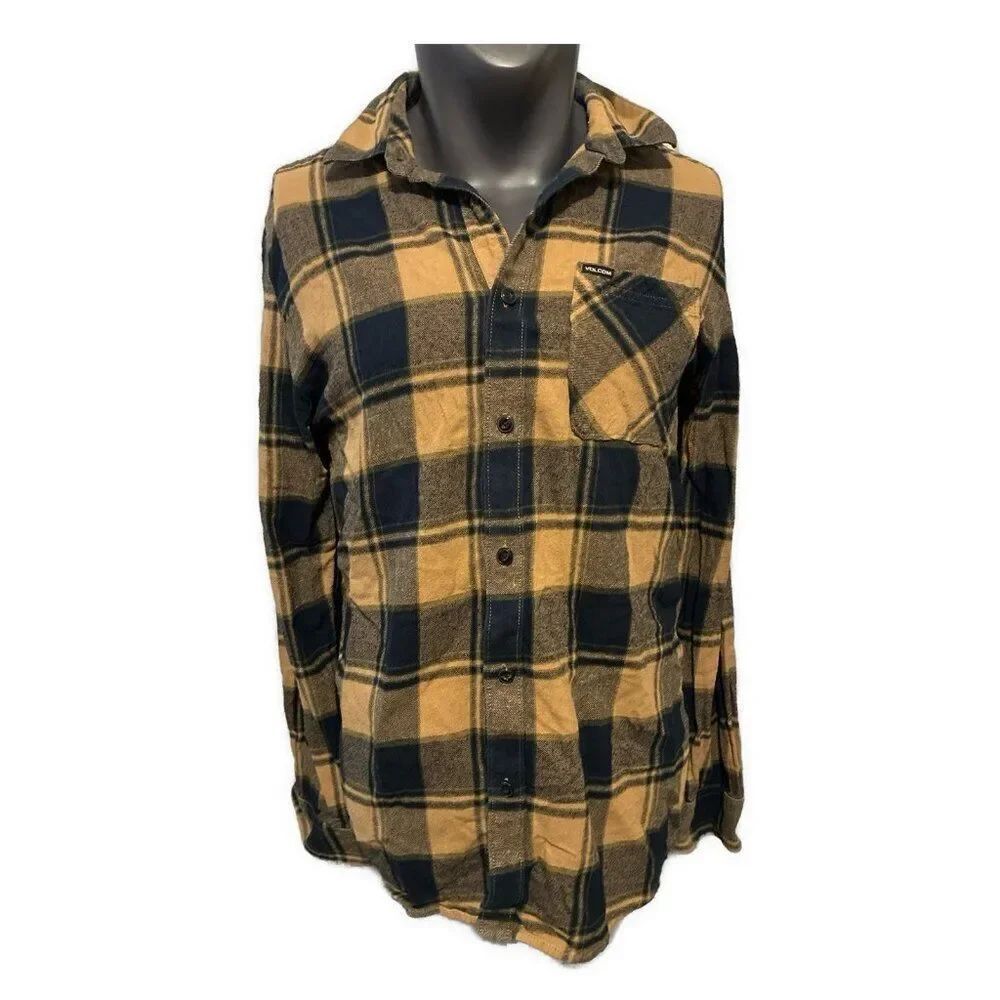 volcom mens tan brown Dark blue plaid flannel modern fit Long Sleeve Shirt Large